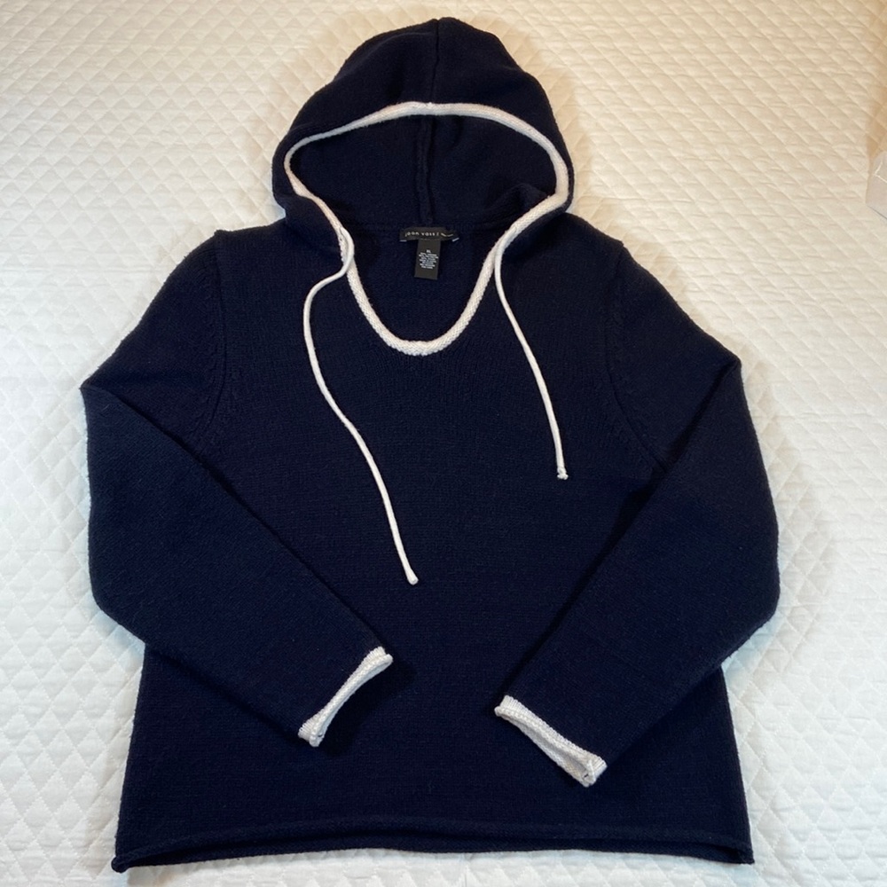 Joan Vass Nee York Navy Blue & White  Sweater with Hood. X-Large.